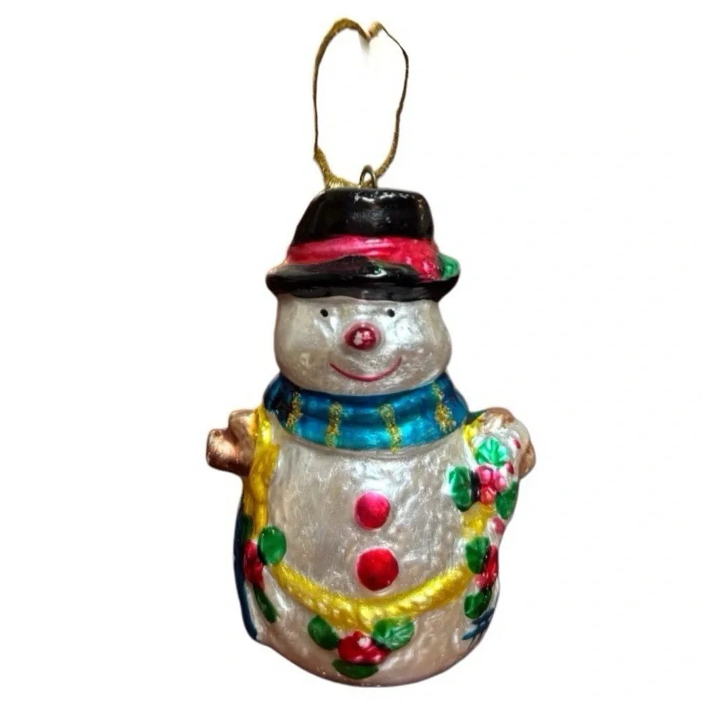 Snowman Glass Ornament Christmas Gift Box Set Collectible White Blue Red Gold
